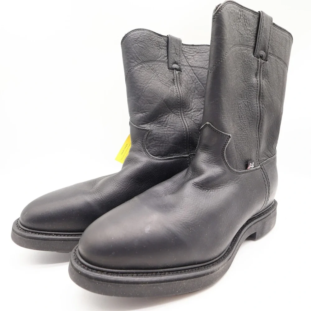 Justin Boots Mens 12 EE Black Leather Work Boots Pull On Roper 4763 NIB